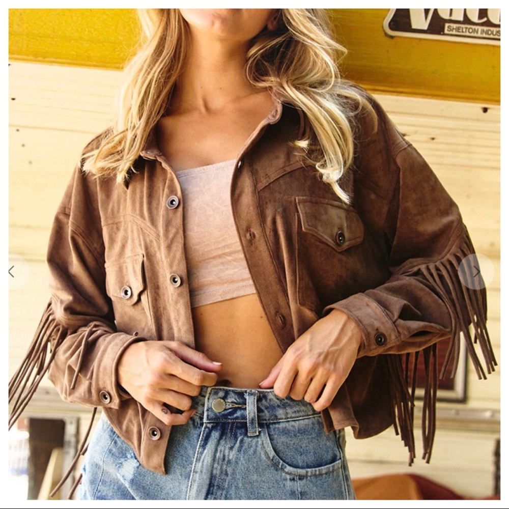 #44 Caroline Hippie Boho Chic Fringe Faux Suede Jacket - Picture 6 of 7
